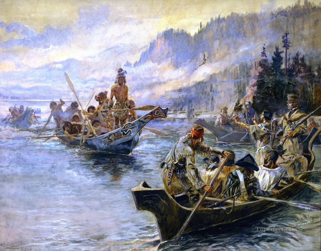 Lewis et Clark sur la basse colombie 1905 Charles Marion Russell Indiens d’Amérique Peintures à l'huile